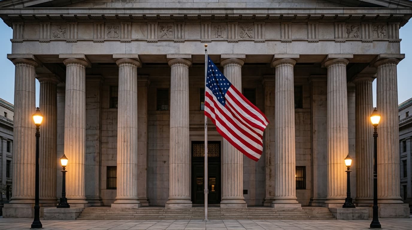 Federal courthouse facade with an American flag